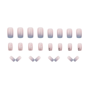 Baby blue gradient press-on nails with silver glitter and gloss finish, 24pcs set