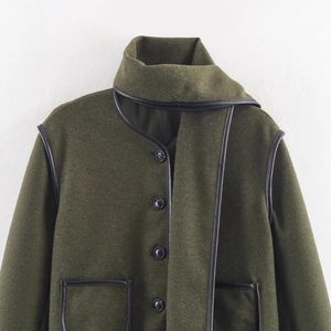 Dark green wool coat with black PU leather trim and scarf-style collar, front view