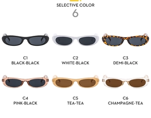 Matrix showing six vintage small oval frame sunglasses in black, white, and tortoise colors