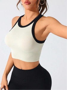 Débardeur Court En Tricot Côtelé Pour Femmes Bordure Contrastée Coupe Ajustée Sans Manches Gilet De Yoga Élastique