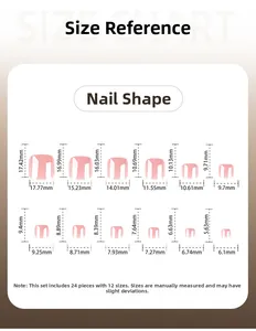 Detailed size chart for pink press-on toenails showing 12 different square nail dimensions