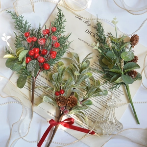 Artificial Christmas Flower Bouquet Pine Cone Red Berries Frosted Pine Needles For Holiday Home Table Decor Winter Style