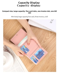 Detailed interior of a pink trifold mini wallet showing 5 card slots and cash pocket