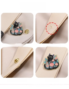 Tutorial showing how to attach black cat enamel pin to a canvas bag strap in four steps