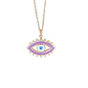 Bohemian gold stainless steel necklace featuring a purple and blue enamel evil eye pendant