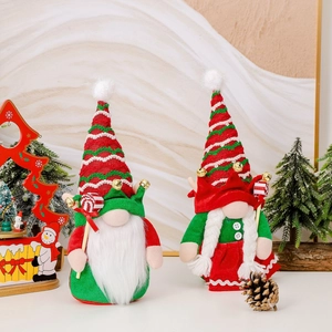 Christmas gnome doll set with red and green knit outfits for festive tabletop decoration