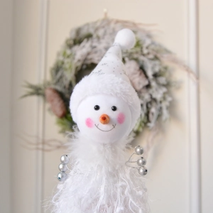 Detail of plush snowman Christmas hat with silver snowflake print and feather trim
