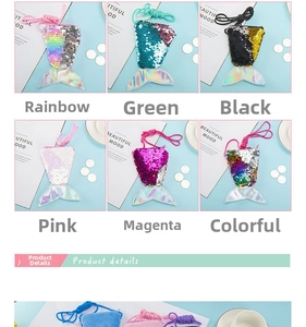 Detail view of colorful sequin mermaid tail coin purses in six vibrant color variations