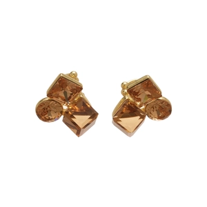 Gold plated geometric clip earrings with square and round champagne crystals set in a pair