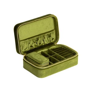 Portable olive green velvet jewelry travel case with gold zipper and ring storage compartments