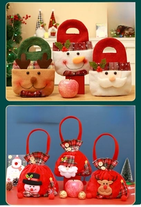 Detail showing plush Christmas gift bags with reindeer and snowman designs and dimensions