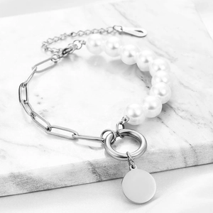 Stainless steel paperclip chain and pearl bracelet with OT clasp and round charm tag