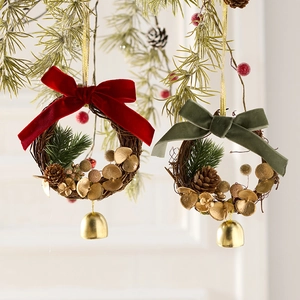 Weihnachtsglocken Kranz Hängedekoration Metallglocken Mit Samtschleife Zapfen Rattan Für Haus Party Tür Wand Deko