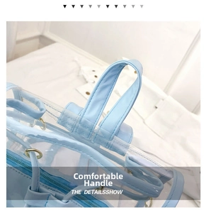 Detail of the light blue PU leather handle and reinforced stitching on transparent PVC bag