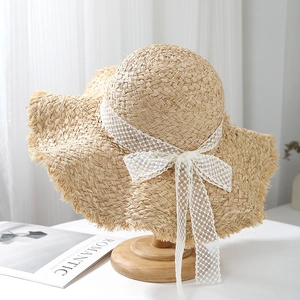 Womens Paper Straw Sun Hat Wide Brim Lace Ribbon Bow Frayed Edge Breathable Beach Summer Vacation