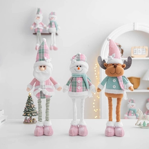 Three plush Christmas figurines Santa Snowman and Elk in soft pink and mint green tones