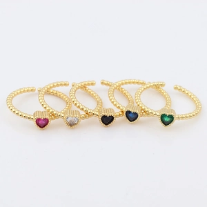 Set of five heart-shaped colorful zircon rings with beaded gold bands and open design