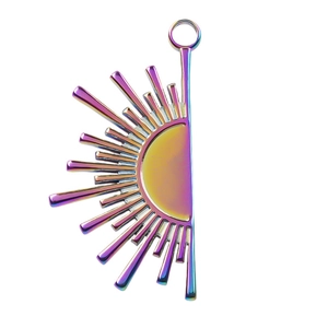 Macro shot of iridescent rainbow sunflower pendant in 304 stainless steel with top ring
