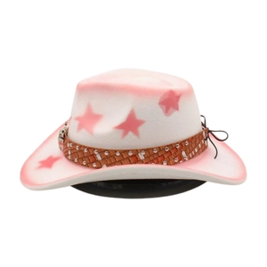 Detail of pink star pattern and brown braided band on a white felt cowboy hat