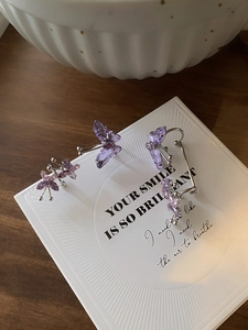 Vue détaillée de boucles d'oreilles papillon en zircon violet sur carte de support