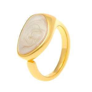 Golden adjustable open ring with white oval enamel inlay and polished metallic finish