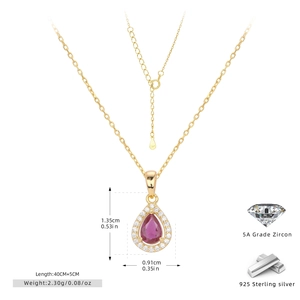 Detail view of pink teardrop necklace with dimension labels and S925 silver hallmark