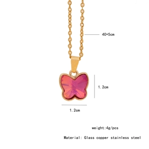 Pink glass butterfly necklace dimensions and material specs shown on white background