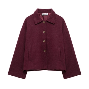 Women Vintage Woolen Jacket Coat Wine Red Loose Fit Single Breasted Lapel Long Sleeve Casual Commuter Solid Color Outerwear