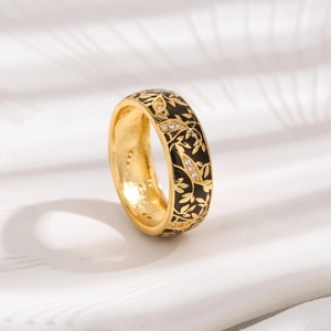 Enamel Flower Leaf Band Ring Copper Gold Plated With Cubic Zirconia Retro Nature Inspired Jewelry Accessory For Women