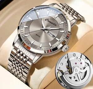 Close-up of business watch featuring dual calendar dial and intricate mechanical movement