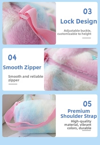 Detail view of rainbow plush unicorn bag showing the adjustable strap and smooth pink zipper