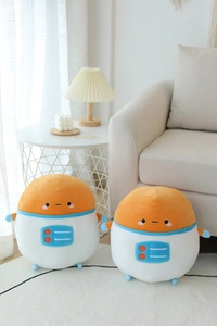 Detail of two cute plush astronaut toys on a carpet showing soft texture and stitching