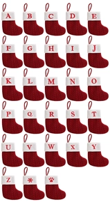 Detailed grid of red knit Christmas stockings with white faux fur and embroidered letters