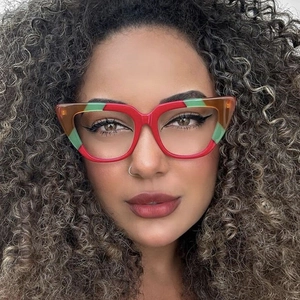 Close-up of stylish cat-eye glasses with colorful contrast frame on a model's face