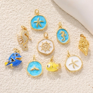 Ocean Theme DIY Charms Pendants Copper 18K Real Gold Plated Enamel Zircon Starfish Seahorse For Jewelry Making Supplies