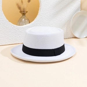 Classic white wool felt fedora hat with black ribbon band for men and women