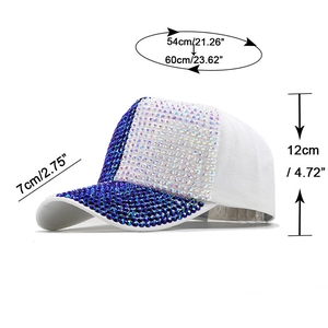 Size specifications for white rhinestone baseball cap with detailed head measurements