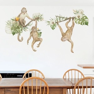 Watercolor Monkey Tropical Plants Wall Stickers PVC Self Adhesive Removable Decals Home Decor Living Room Bedroom