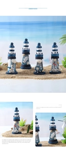 Close-up of Mediterranean wooden lighthouse ornaments with shells and sea stars