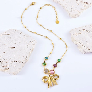 Bohemian gold stainless steel necklace with colorful cat-eye beads and bow pendant