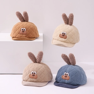 Baby Plush Baseball Cap Quilted Warm Winter Hat With Rabbit Ears Cartoon Dog Pattern Corduroy Brim For Toddlers Infants