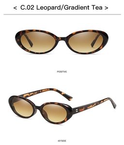 Front and 45-degree side views of retro oval sunglasses with leopard print frames