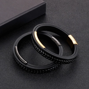 Men's triple-layer braided leather bracelet with gold and black stainless steel plates