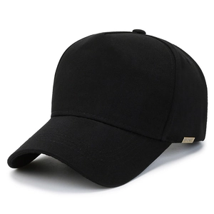 Classic black five-panel baseball cap with a gold SPORT metal side tag on white background