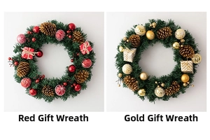 Detailed comparison of 45cm Red Gift Wreath and Gold Gift Wreath with pine cones