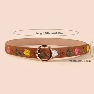 Detailed view of floral embroidery on brown faux leather belt with size specifications