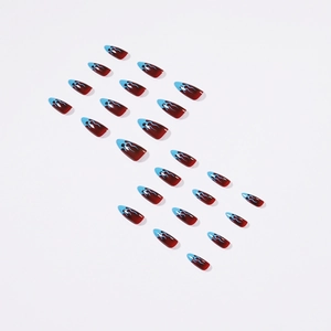 French amber press-on nails with red base and light blue flame patterns in long pointed shape