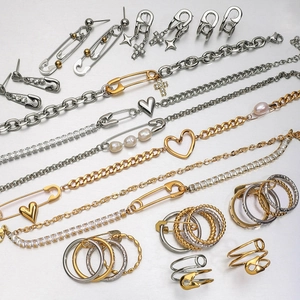 Punk Safety Pin Heart Cross Accessories Stainless Steel Artificial Pearl Cubic Zirconia Necklace Earrings Ring Bracelet For Women