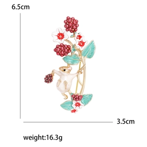 Enamel squirrel and red berry floral brooch in gold-plated alloy for women