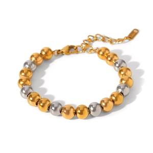 Élégant bracelet en perles bicolores or et argent en acier inoxydable avec fermoir ajustable